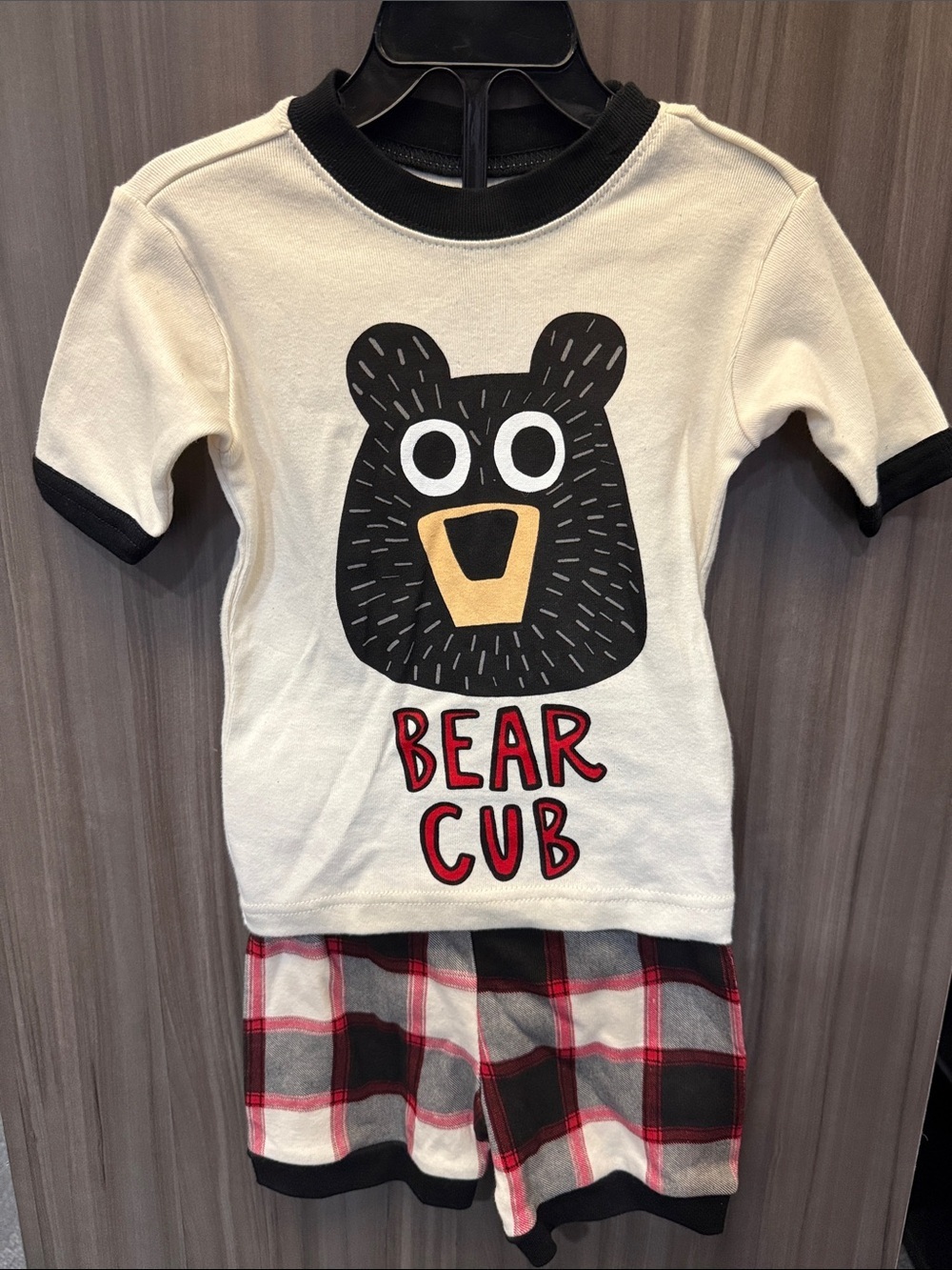 Lazy One Cream Top & Black/Red Plaid Bear Cub Pajama Set